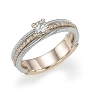 טבעת מעוצבת ספירלה בזהב וורוד וזהב לבן משובצת ביהלומים